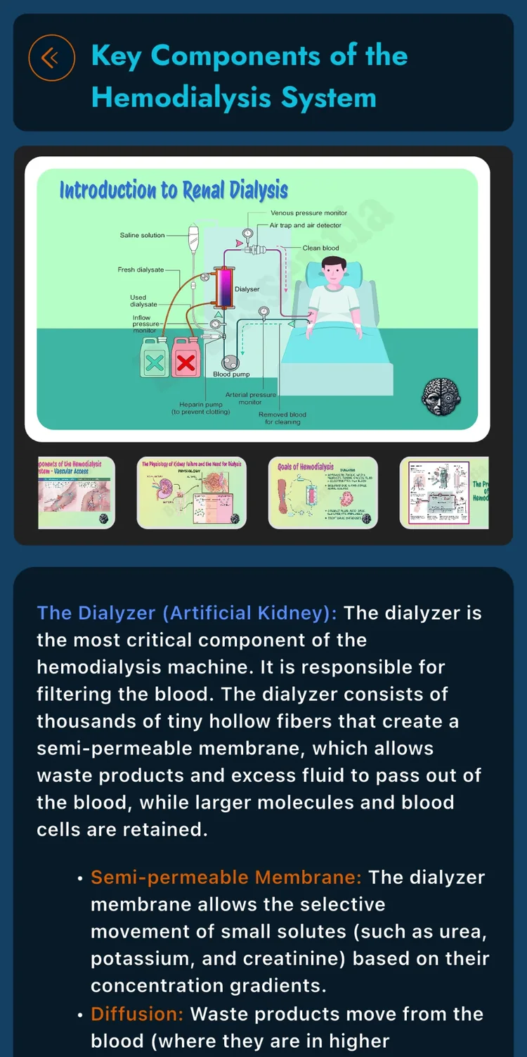 A course lesson in the App: the key components of the haemodialysis system, with its illustration