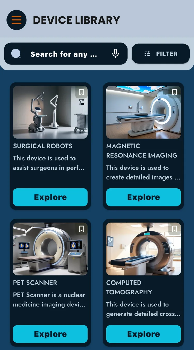 The App Device Library: surgical robots, MRI, PET scanner and CT, each with an Explore button