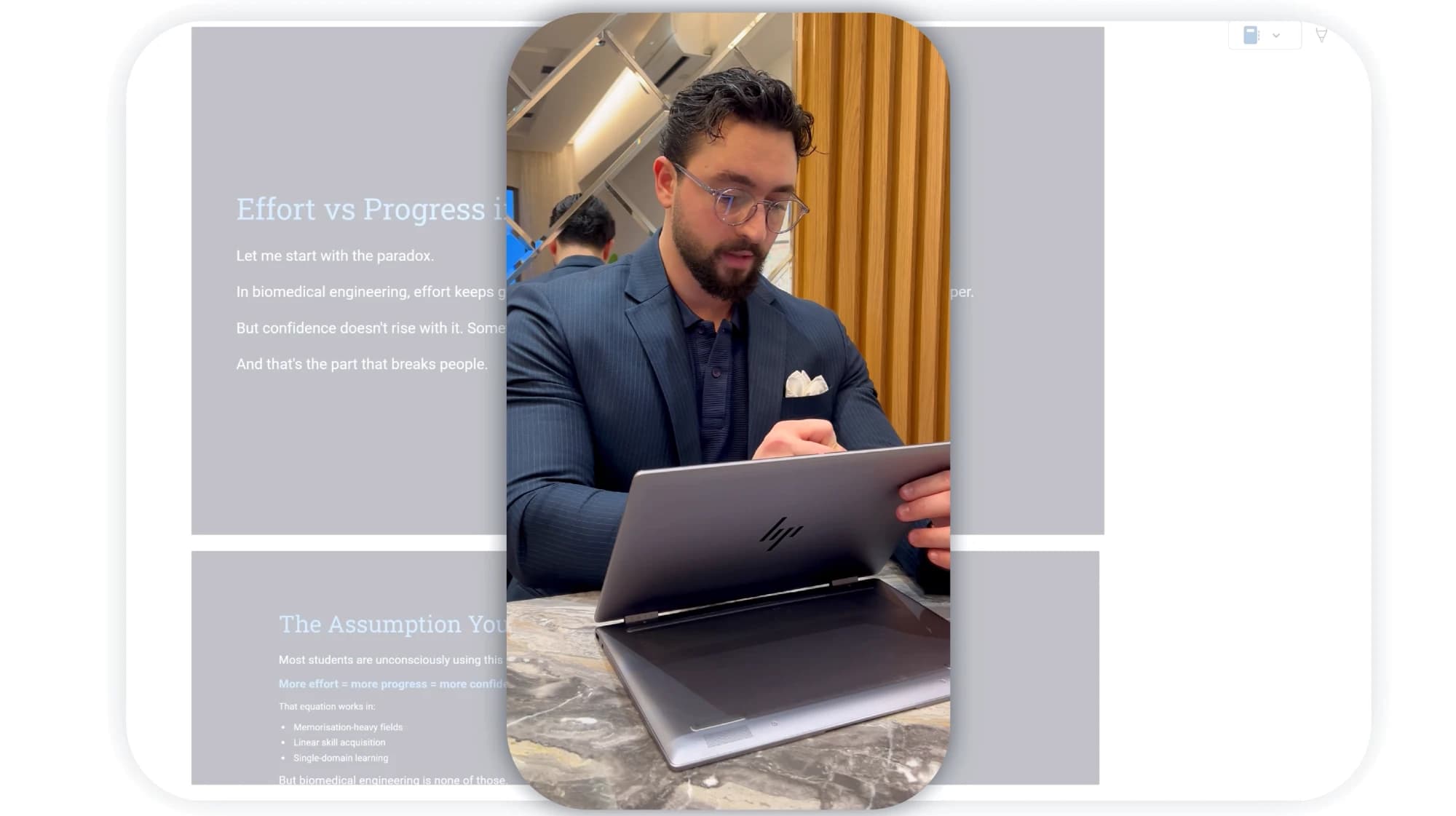 A BMEssentials video module: the founder on camera beside the module slides